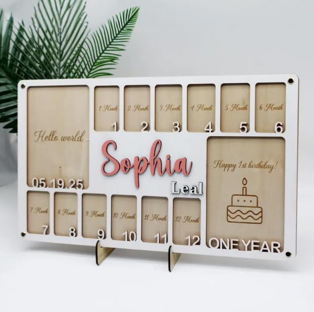 Custom My First Year Photo Frame – Wooden Baby Picture Frame for 1st Birthday Girl Gifts, Personalized Photo Display Board, One Year of Baby Picture Board, First Birthday Decorations