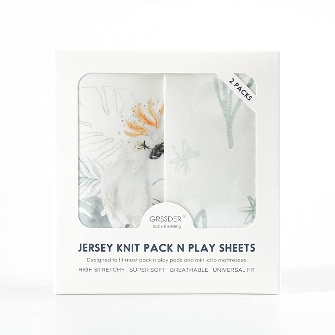 GRSSDER Stretch Ultra Soft Jersey Knit Fitted Pack n Play Playard Sheets Set 2 Pack，Fits Portable/Mini Cribs Sheets, Playards Mattress Pads, Stylish Watercolor Animals for Baby, Mint Green