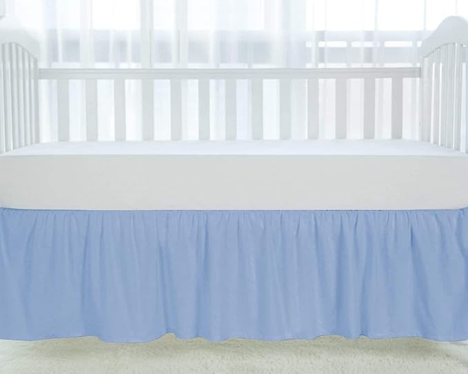 100% Egyptian Cotton, Nursery Crib Toddler (28" x 52" + 14") 800 Thread Count Crib Skirt Dust Ruffle, Bedding Skirts for Baby Boys or Girls, 14" Drop, Light Blue Solid