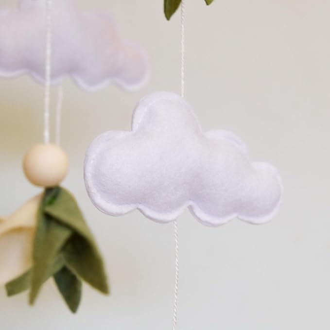 Green Leaf Baby Crib Mobile, WoodlandMobile for Crib for Baby Boys & Girls, Green Nursery Decor, with Felt Leaves, White Clouds
