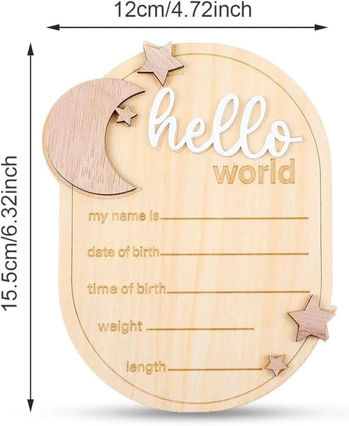 1Pcs Baby Announcement Sign, Moon And Stars Hello World Newborn Welcome Sign Birth Name Plaques for Photo Props Baby Shower Hospital Nursery