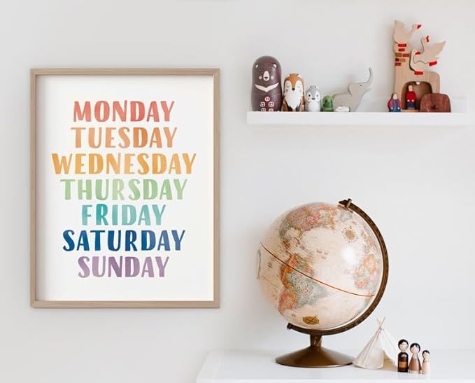 OZCONO Rainbow Days Week Poster, Colorful Learning Chart Kids, Preschool Wall Decor Art, Homeschool Education Guide (Unframed) (20x30)
