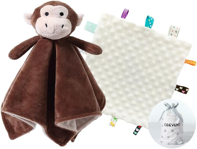 CREVENT Cozy Plush Baby Security Blanket, Loveys for Baby Girls and Boys, Birthday (Monkey+Tag)