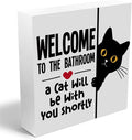 Funny Cat Bathroom Decor White Wooden Box Decorative Signs, Humorous Decorations for Bathroom Home Shelf, Wood Box Sign Cat Lover Gifts for Women Men Friends, 5.1x5.1Inch