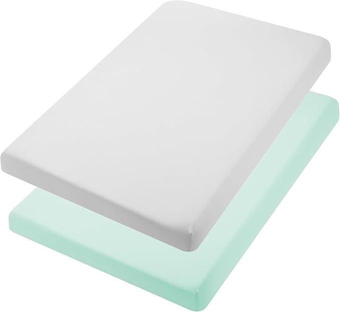 TILLYOU Mini Crib Fitted Sheets - Soft Knit Sheet for Pack N Play, Microfiber Mini Crib Sheets, Playpen Bedding Sheet for Baby 2 Pack, Machine Washable, 38'' x 24'', Light Green & Light Gray