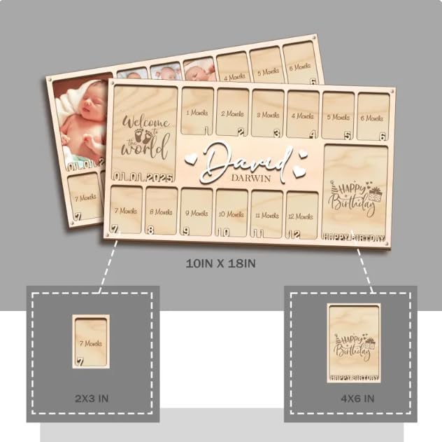 Wooden My First Year Picture Frame – Custom Photo Frame for Baby Girl 1st Birthday, Personalized Picture Frames Gift, One Year Old Birthday Photo Board, Photo Display Wall Art