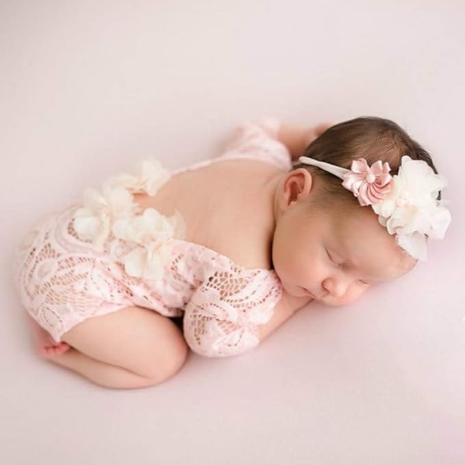Newborn Lace Romper, 2 PCS Baby Girl Photography Props, Newborn Girl Photography Outfits with Flower Headband for Infants