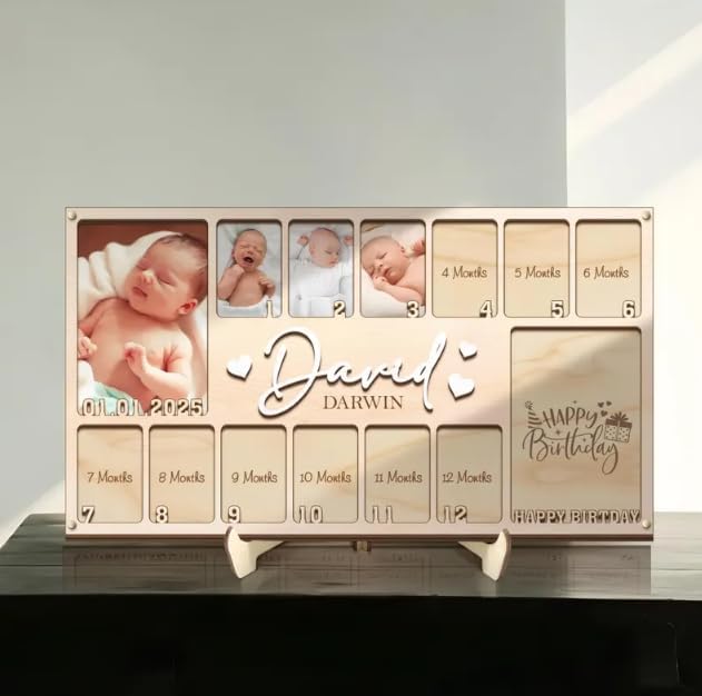 Wooden My First Year Picture Frame – Custom Photo Frame for Baby Girl 1st Birthday, Personalized Picture Frames Gift, One Year Old Birthday Photo Board, Photo Display Wall Art