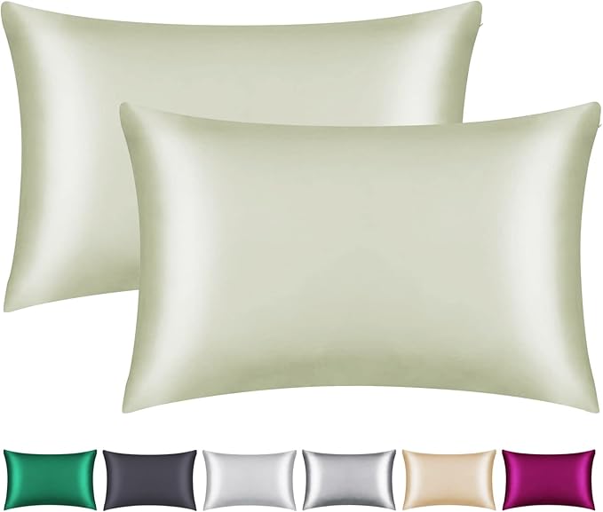 100% Mulberry Silk Pillowcase 2 Pack for Hair and Skin,with Hidden Zipper,Both Sides 22 Momme Natural Silk Pillow Cover,Soft Breathable & Smooth (Matcha, King)