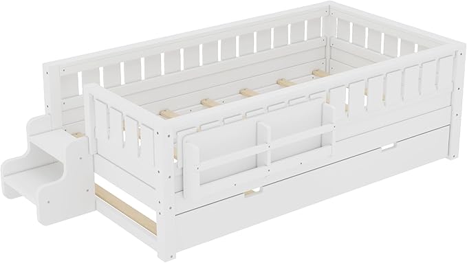 Bellemave Twin Size Kids Bed with high Rails and with Built-in Bookshelf and Trundle for Kids, Girls, Boys, Wood Montessori Bed Without Door, White