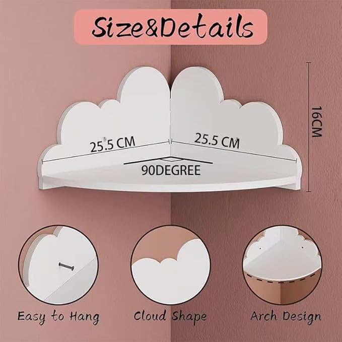 Cloud Wall Shelf Set of 3 Corner Hanging Shelf Nursery Book Shelf, Scalloped Design, Safe and Non-Toxic Sheet Wall-Mounted Background for Kids Bedroom, Toddler Room, Baby Room Decor