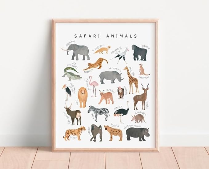 OZCONO Safari Animals Poster, Educational Jungle Chart for Kids, Playful Nursery Wall Decor, Montessori Learning, Homeschool Wildlife (Unframed) (20x30)
