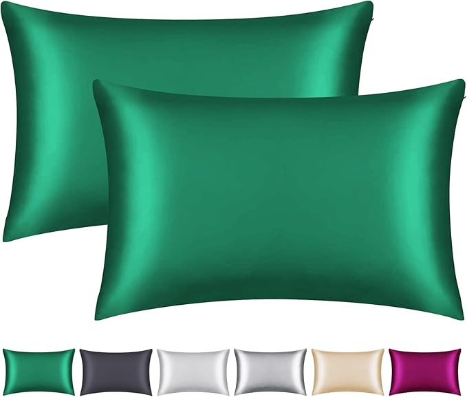 100% Mulberry Silk Pillowcase 2 Pack for Hair and Skin,with Hidden Zipper,Both Sides 22 Momme Natural Silk Pillow Cover,Soft Breathable & Smooth (Dark Green, King)