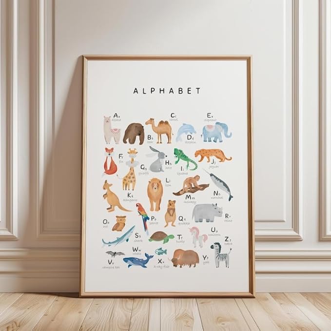 OZCONO Animal Alphabet Learning Poster, Vibrant ABC Wildlife Chart Kids, Playroom Wall Decor Art, Homeschool Education Guide (Unframed) (12x18)