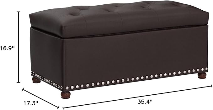 Asense Faux Leather Rectangular Hinged-lid Storage Ottoman, Button Tufted Upholstered Bench, Brown