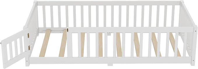 Bellemave Twin Size Floor Bed Frame with Fence and Door for Kids, Montessori Floor Bed with Slats and Safety Guardrails,Solid Wood Twin Bed Frame for Girls Boys,White
