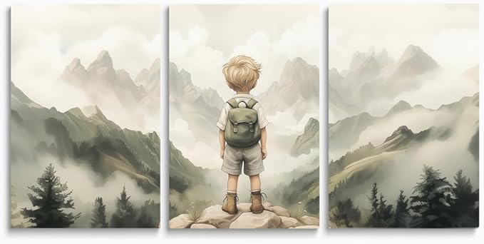 3-Piece Adventure Boy Nursery Wall Art | Mountain & Woodland Canvas Decor for Toddler Room, Adventure Kids Room Nursery Wall Decor, Framed Canvas Set, 12"x16"