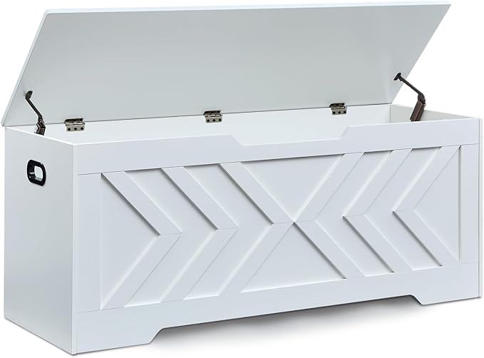 47.2” Storage Bench,Extra Large Wooden Storage Chest with 2 Safety Hinges,entryway Bench,Blanket Storage,Shoe Storage Bench for Entryway,Bedroom,Living Room,Easy Assembly-White