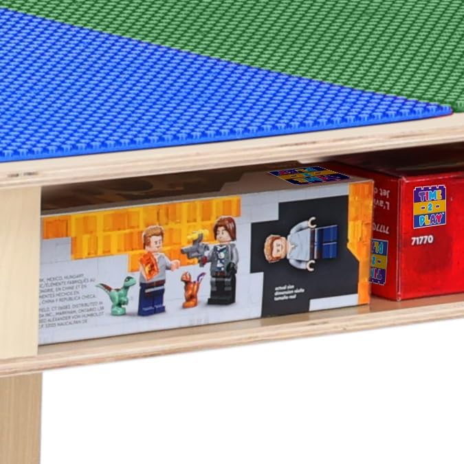Contender Time-2-Play Kids Birch Plywood Blue & Green Montessori Lego Compatible Table with Shelf for Playroom, All Purpose Activity Play 30.75" W Rectangular Desk for Toddlers [14" Long Legs]