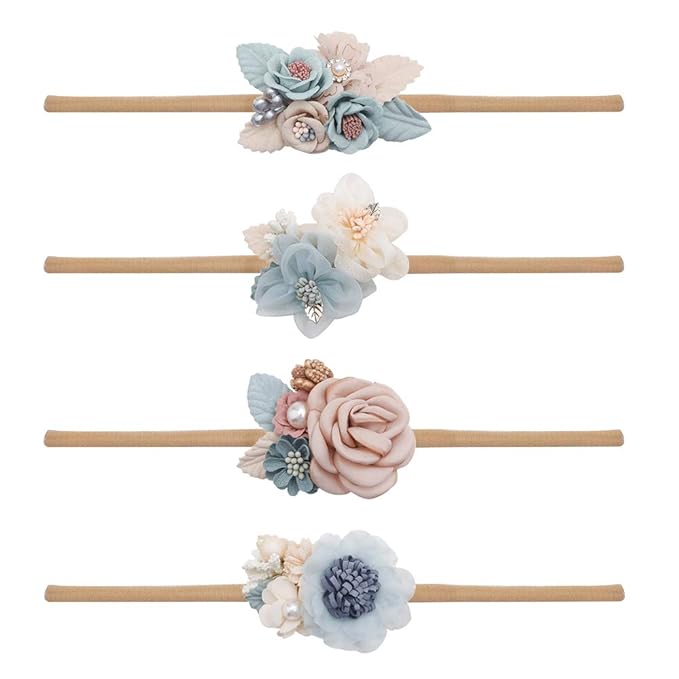 Baby Girl Nylon Headbands Flower Hair Bows Accessories-Elastic Hair Band Crown Handmade FLoral Wraps Birthday Gifts for Girls Newborn Infant Toddler 4Pcs