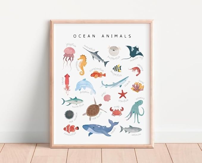 OZCONO Ocean Animals Learning Poster, Vibrant Sea Life Chart Kids, Preschool Wall Decor Art, Homeschool Education Guide (Unframed) (16x24)
