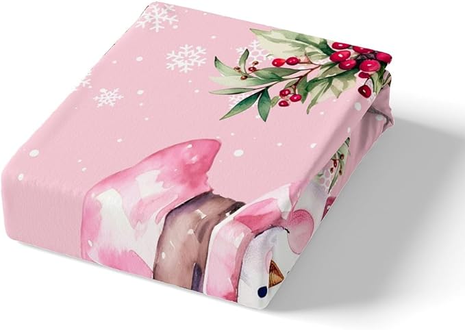 Manfei Xmas Snowman Duvet Cover Set Queen Size, Leaves Flower Snowflake Comforter Cover with 2 Pillowcases, Christmas Pink Bedding Set 3pcs for Kids Boys Girls Lightweight Bedspread Cover,No Comforter