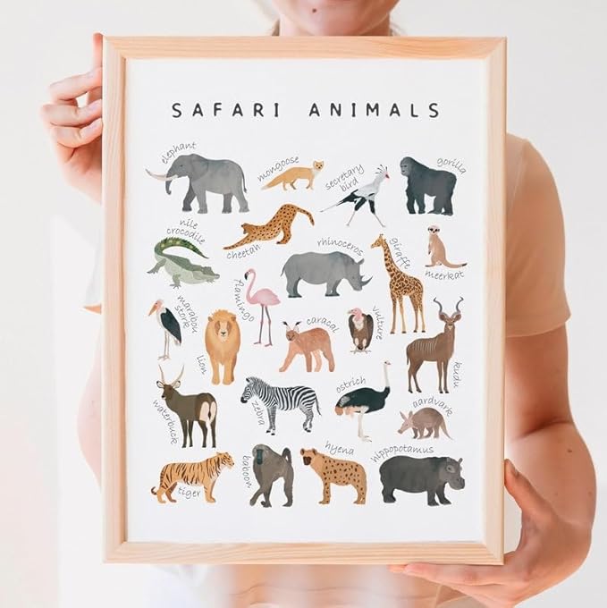 OZCONO Safari Animals Poster, Educational Jungle Chart for Kids, Playful Nursery Wall Decor, Montessori Learning, Homeschool Wildlife (Unframed) (12x18)