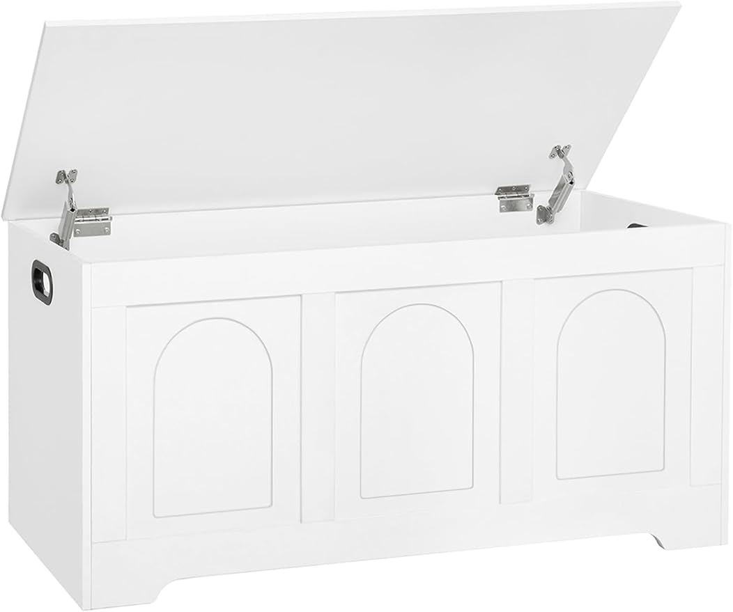 DINZI LVJ Storage Chest, 39.4” Wooden Toy Box with 2 Safety Hinges, Entryway Shoe Bench with Flip-Top, Sturdy Large Storage Trunk for Living Room, Bedroom, Playroom, Easy Assembly, White