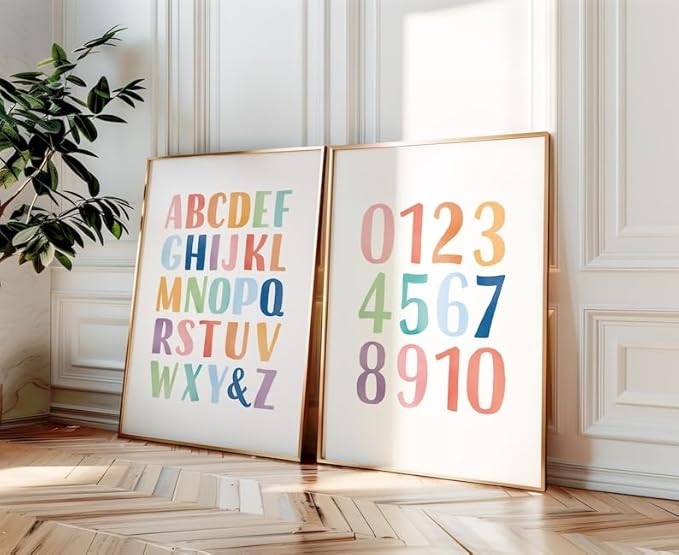 OZCONO Rainbow Alphabet and Numbers Poster for Kids, Educational Wall Art,Classroom Decor, Montessori Teaching, Toddler Learning (Unframed) (11x14)