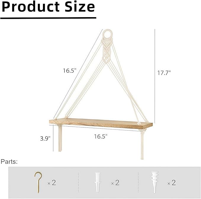 Boho Macrame Hanging Wall Shelves Set of 2 - Rustic Wood Triangular Floating Storage Shelf for Bedroom Bathroom Living Room Nursery Dorm - Boho Room Deco