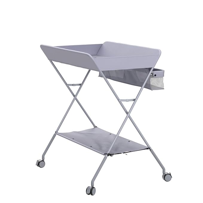Baby Changing Table Portable Folding Diaper Changing Station with Wheels, Adjustable Height Mobile Nursery Organizer with Safety Belt and Large Storage Racks for Newborn Baby and Infant, Gray