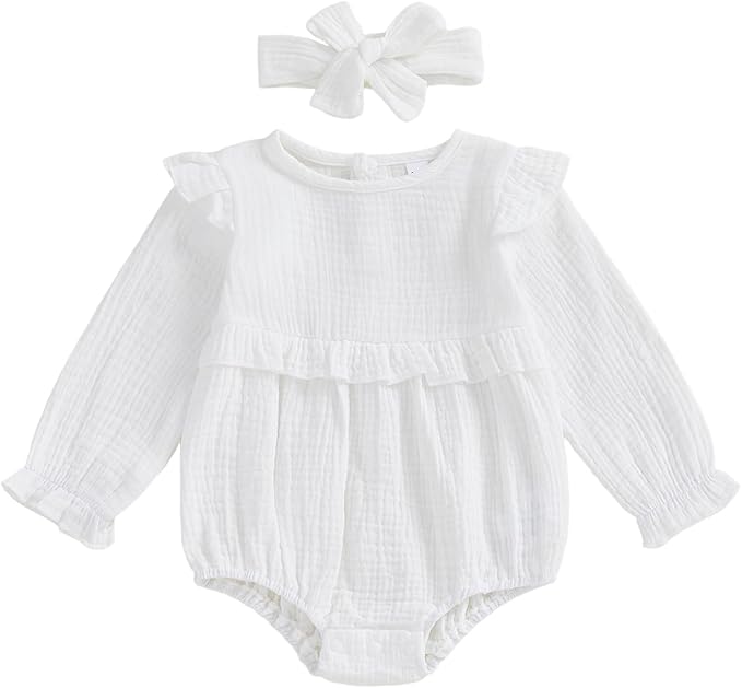 Newborn Infant Baby Girl Clothes Cotton Linen Long Sleeve Smocked Bubble Romper Ruffle Bodysuit Jumpsuit Fall Outfit