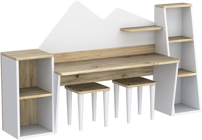 Kid's Study Desk with Bookshelf + 2 Stools for Ages 3-8, Wooden Children Activity Table with Hutch and Shelves, Kids Bedroom Study Desk with Storage
