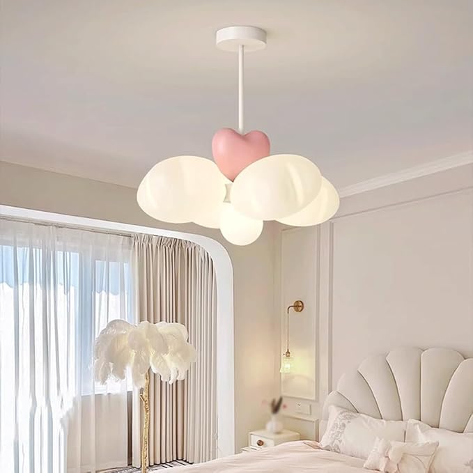 Whimsical Cloud Pendant Light with Pink Heart Accent, Dreamy LED 3 Color Adjustable Ceiling Fixture for Kids Room, Nursery, Girls Bedroom, Study Room Decor, Soft Glow