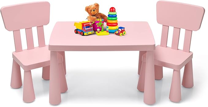 HONEY JOY Kids Table and Chair Set, Plastic Children Activity Table and 2 Chairs for Art Craft, Easy-Clean Tabletop, 3-Piece Toddler Furniture Set for Daycare Playroom, Gift for Boys Girls(Pink)
