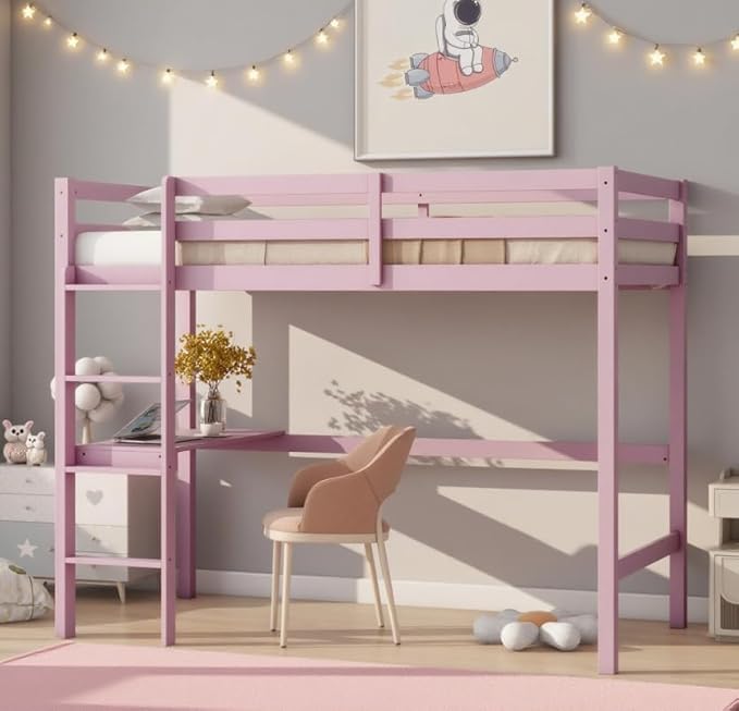 Bellemave Twin Loft Bed with Desk,Loft Bed for Kids, Boys, Girls,Wooden Loft Be Frame with Desk and Ladder, Pink