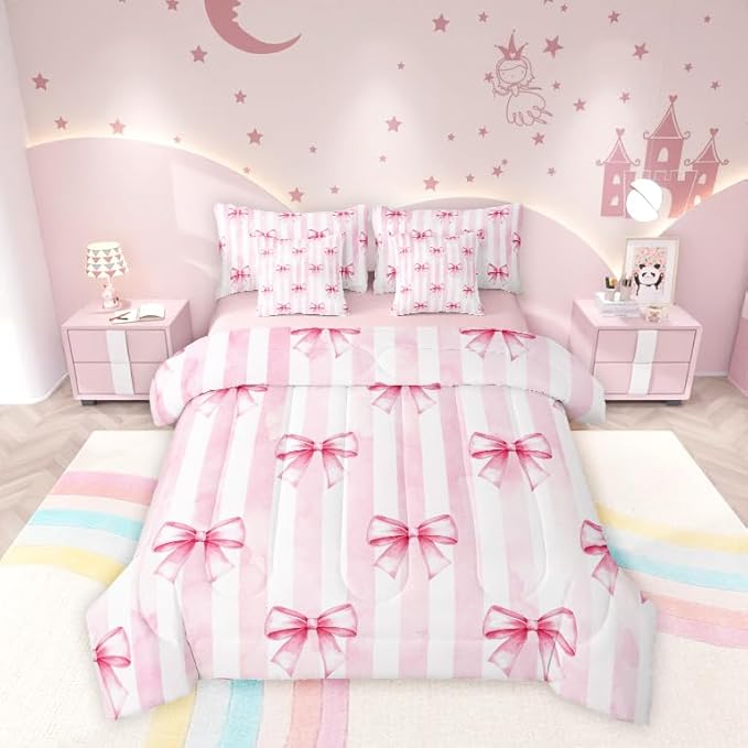 7 Pieces Pink Bowknot Kids Comforter Twin,Bow Tie Geometric Stripe Bedding Set,Butterfly Knot Princess Style Fashion Pink Romantic（Comforter+Fitted+Flat Sheet+2 Pillowcases+2 Throw Pillow Covers）