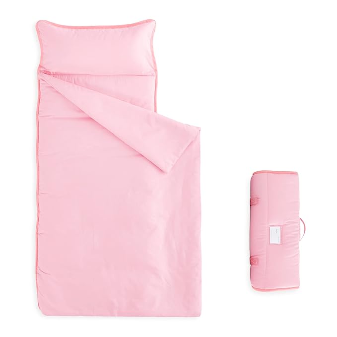 Wake In Cloud - Toddler Nap Mat with Pillow and Blanket, for Kids Boys Girls in Kindergarten Daycare Preschool Pre K, Roll Up Sleeping Bag, Solid Color, Pink, Standard