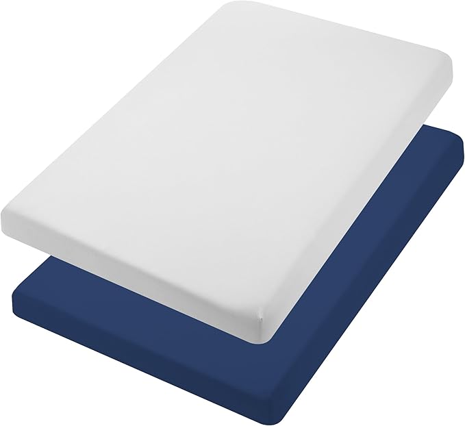 TILLYOU Mini Crib Fitted Sheets 2 Pack - Soft Jersey Knit Microfiber Playpen Bedding Sheet for Baby, Portable Mini Pack n Play Sheet, Machine Washable, 38'' x 24'',Light Gray & Navy Blue