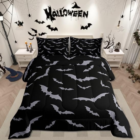 Erosebridal Happy Halloween Comforter Set for Kids Youth Grey Bats Bedding Set Gothic Spooky Quilt King Size Cartonn Bed Decorative Bedding Comforter Sets with 2 Pillow Cases