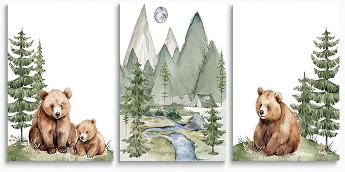 Baby Bear Nursery Wall Art, Cute Bears Wall Decor, Watercolor Green Mountain Forest Wall Art, Woodland Camping Nursery Decor Print, Nature Art for Boy Girl Toddler Bedroom, Framed Canvas, 12"x16"x3