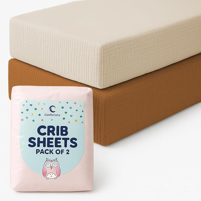 Crib Sheets Neutral Muslin Fabric 52x28x9 Inches 2 Pack Brown & Beige Baby Crib Sheets Fits Rectangular & Oval Crib Mattress, Won’t Slip Off, Baby Crib Bedding for Boys & Girls
