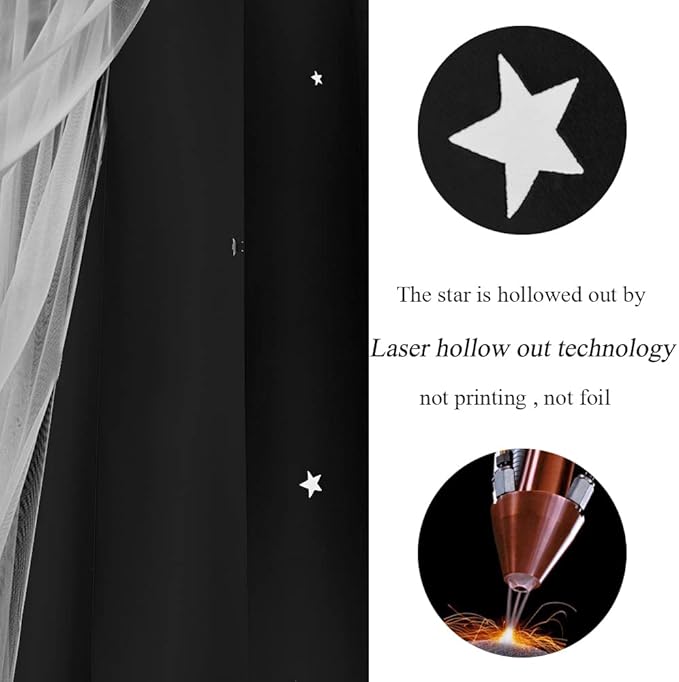 Kinryb Black Star Cutout Blackout Curtains Double Layer Curtains with Durable Sheer Curtains for Bedroom Thermal Insulated Window Treatment Set with 2 Free Tiebacks (52W x 72L 2 Panels Black)