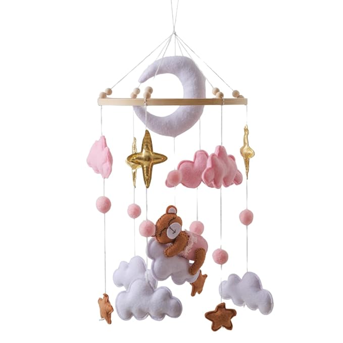 Moon Baby Crib Mobile Baby Nursery Decoration Wooden Crib Hanging Decor Bear Theme Pink Clouds Newborn Soothing Mobile Baby Shower Gift for Boys and Girls Easy to Install and Durable (Bear)