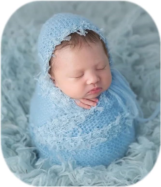 Vemonllas Newborn Infant Baby Boys Girls Photography Props Mohair Lace Hat and Wrap Blanket Cloth (Light Blue)