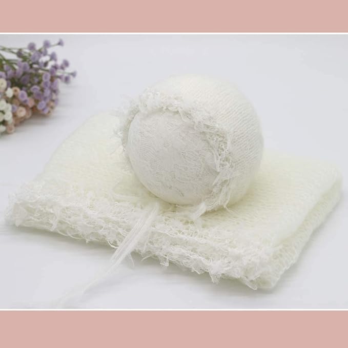 Vemonllas Newborn Infant Baby Boys Girls Photography Props Mohair Lace Hat and Wrap Blanket Cloth (White)