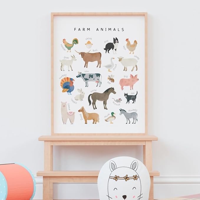 OZCONO Farm Animals Learning Poster, Vibrant Rural Wildlife Chart Kids, Playroom Wall Decor Art, Homeschool Education Guide (Unframed) (16x24)