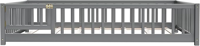 i-POOK Queen Floor Bed for Children, Sturdy Wood Montessori Bed Frame with Wood Slats, Fence & Door, Montessori Floor Bed for Girls and Boys, Gray