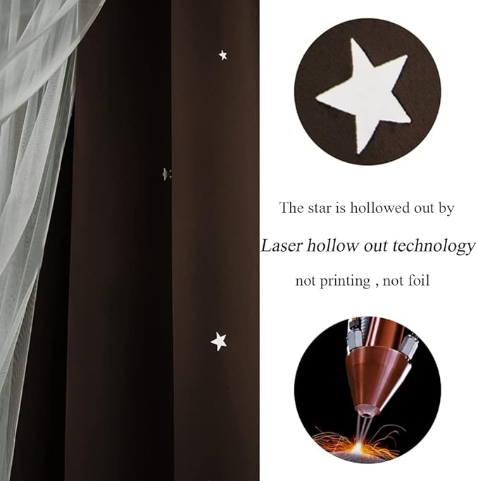 Kinryb Star Cutout Blackout 95 Inches Curtains Double Layer with Sheer Overly Curtains for Bedroom Thermal Insulated Window Treatment Set with 2 Free Tiebacks (52W x 95L 2 Panels Chocolate)