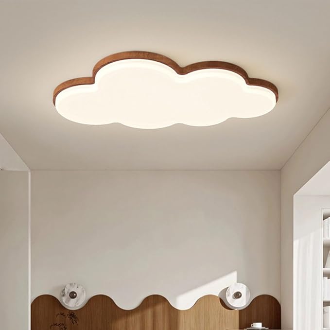 Cute Cloud LED Ceiling Light Wood Grain Edge White Flush Mount Fixture Diameter 55CM for Kids Room Nursery Bedroom Modern Decor Lighting